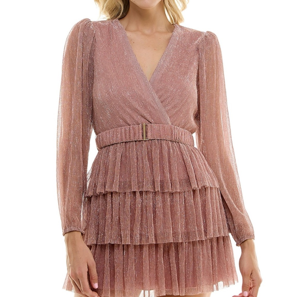 B Darlin Juniors’ Metallic V-Neck Belted Tiered Dress, Long Sleeve
